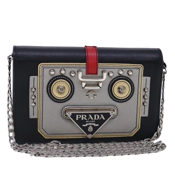 【原宿店限定】プラダ PRADA ショルダーバッグ チェーン サフィアーノレザー ブラック シルバー レディース 91725V