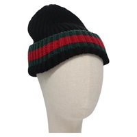 【原宿店限定】グッチ GUCCI ハット ウェブシェリーライン  ニット帽 ウール M ブラック レッド レディース ac3644V