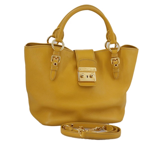 【原宿店限定】ミュウ ミュウ Miu Miu ハンドバッグ レザー 2way イエロー ゴールド レディース am7317
