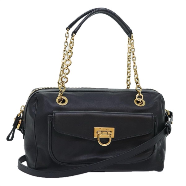 【原宿店限定】サルヴァトーレフェラガモ Salvatore Ferragamo ショルダーバッグ ガンチーニ チェーン レザー ブラック ゴールド レディース 92072AV