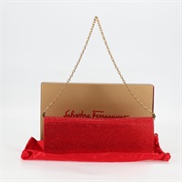 【原宿店限定】サルヴァトーレフェラガモ Salvatore Ferragamo ショルダーバッグ チェーン スワロフスキー サテン レッド ゴールド レディース 120862V