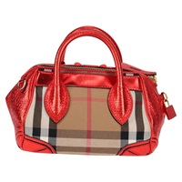【原宿店限定】バーバリー BURBERRY ハンドバッグ ノバチェック キャンバス レザー 2way レッド ゴールド レディース 124837V