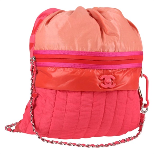 【原宿店限定】シャネル CHANEL バックパック チェーン ナイロン ピンク シルバー レディース 118138AM