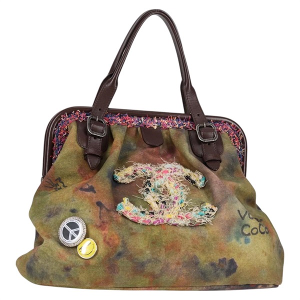 【原宿店限定】シャネル CHANEL ハンドバッグ エンブロイダリー グラフィティ  キャンバス レザー カーキ レディース 127134SM
