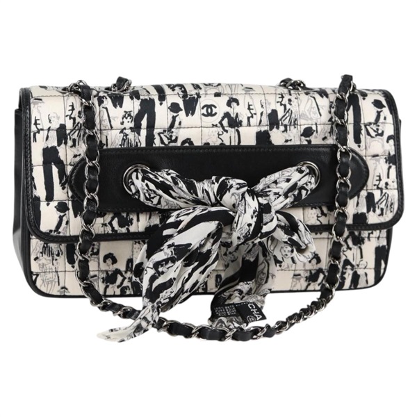 【原宿店限定】シャネル CHANEL ショルダーバッグ チェーン ココマーク チョコバー サテン ブラック ホワイト レディース 128055V