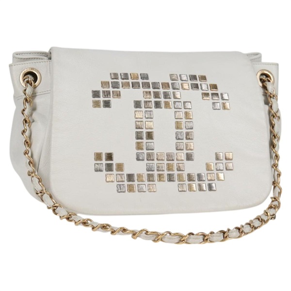 【原宿店限定】シャネル CHANEL ショルダーバッグ ココマーク チェーン レザー ホワイト ゴールド レディース 128068V