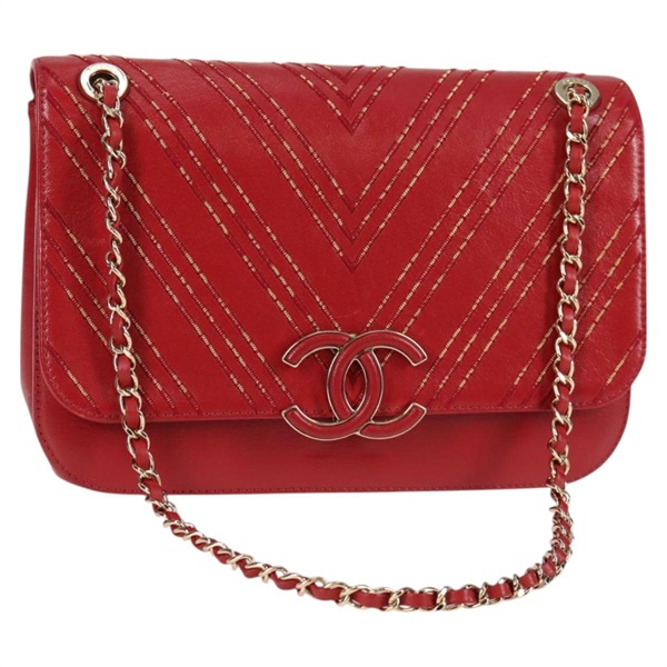 【原宿店限定】シャネル CHANEL ショルダーバッグ チェーン Vステッチ ラムスキン レッド ゴールド レディース 126605M