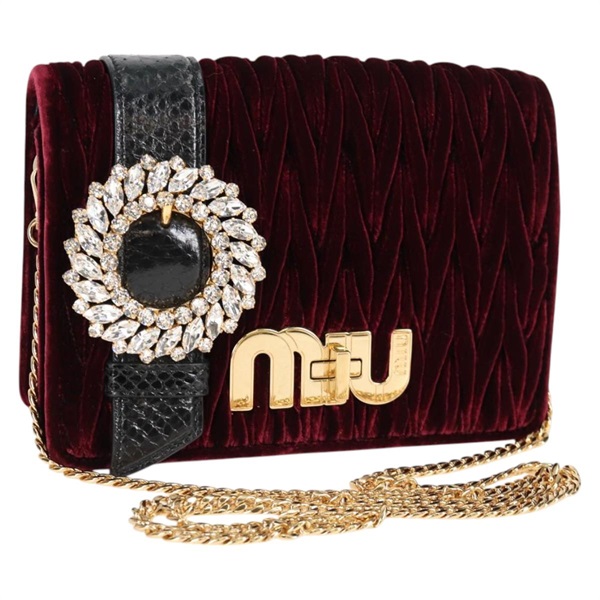 【原宿店限定】ミュウ ミュウ Miu Miu ショルダーバッグ マテラッセ ビジュー ベロア ワインレッド ゴールド レディース 118941M