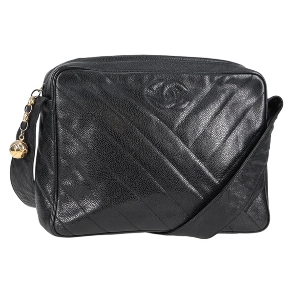 【原宿店限定】シャネル CHANEL ショルダーバッグ ココマーク チェーン キャビアスキン ブラック ゴールド レディース 128487V