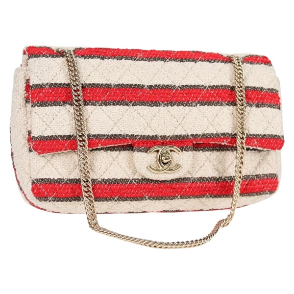 【原宿店限定】シャネル CHANEL ショルダーバッグ マトラッセ 25 チェーン コットン ベージュ レッド レディース 128490SV