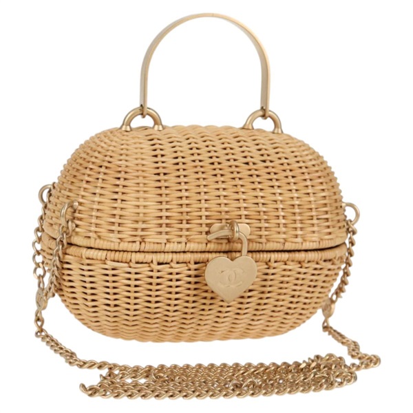 【原宿店限定】シャネル CHANEL ショルダーバッグ ラタン チェーン ストロー ベージュ ゴールド レディース 128491SV