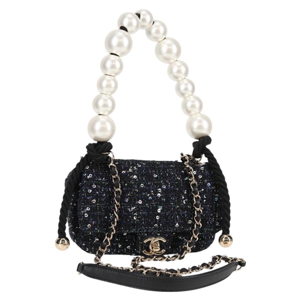【原宿店限定】シャネル CHANEL ショルダーバッグ チェーン パール ツイード ネイビー ゴールド レディース 126241SM