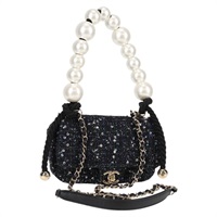 【原宿店限定】シャネル CHANEL ショルダーバッグ チェーン パール ツイード ネイビー ゴールド レディース 126241SM