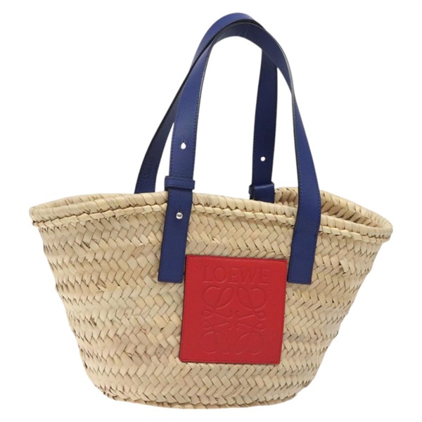 【原宿店限定】ロエベ LOEWE バスケットバッグ ハンドバッグ アナグラム ラフィア レザー ベージュ レッド レディース am8437