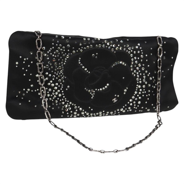 【原宿店限定】シャネル CHANEL アクセサリーポーチ カメリア ライン ストーン チェーン サテン ブラック レディース 128040V