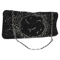 【原宿店限定】シャネル CHANEL アクセサリーポーチ カメリア ライン ストーン チェーン サテン ブラック レディース 128040V