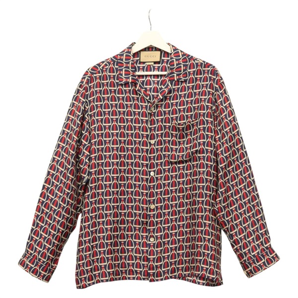 【原宿店限定】グッチ GUCCI 長袖Ｔシャツ シルク 46 レッド ネイビー レディース ym054M