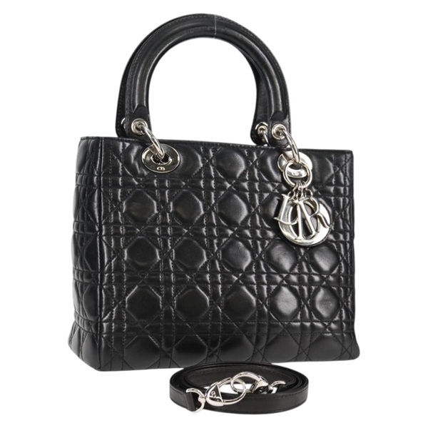 【原宿店限定】クリスチャンディオール Christian Dior ハンドバッグ カナージュ ラムスキン 2way ブラック シルバー レディース BA4068V
