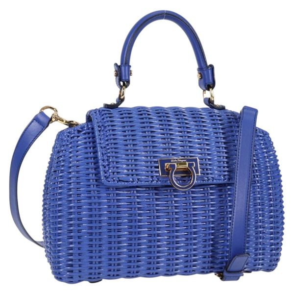 【原宿店限定】サルヴァトーレフェラガモ Salvatore Ferragamo ハンドバッグ ガンチーニ ウィッカー 2way ブルー ゴールド レディース 135631V