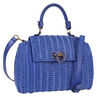 【原宿店限定】サルヴァトーレフェラガモ Salvatore Ferragamo ハンドバッグ ガンチーニ ウィッカー 2way ブルー ゴールド レディース 135631V