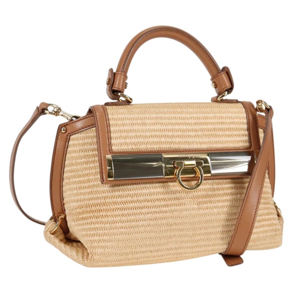 【原宿店限定】サルヴァトーレフェラガモ Salvatore Ferragamo ハンドバッグ ガンチーニ ラフィア レザー 2way ベージュ ゴールド レディース 135666M
