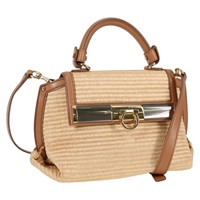 【原宿店限定】サルヴァトーレフェラガモ Salvatore Ferragamo ハンドバッグ ガンチーニ ラフィア レザー 2way ベージュ ゴールド レディース 135666M