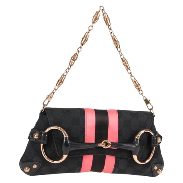 【原宿店限定】グッチ GUCCI ホースビット ハンドバッグ GGキャンバス バンブー チェーン ブラック ゴールド 129497 レディース yk18998V
