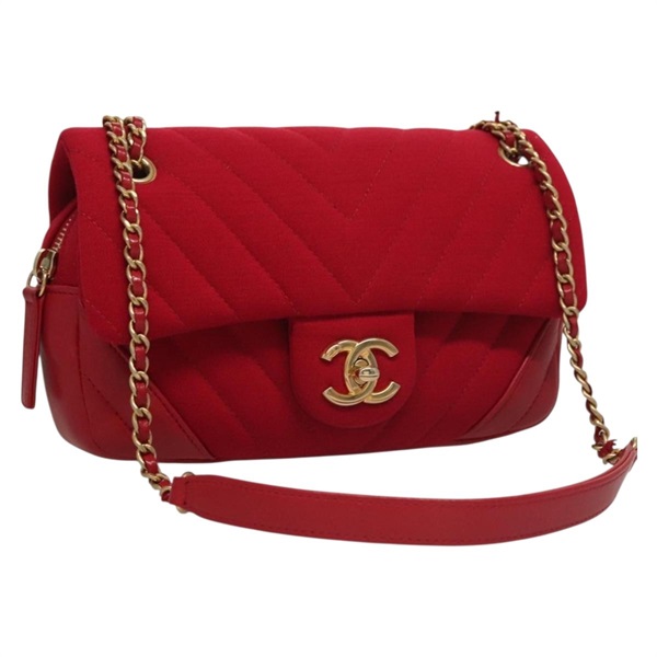 【原宿店限定】シャネル CHANEL ショルダーバッグ チェーン Vステッチ コットン レッド ゴールド レディース 132418M
