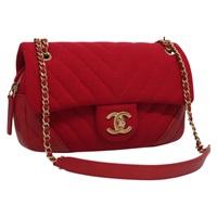 【原宿店限定】シャネル CHANEL ショルダーバッグ チェーン Vステッチ コットン レッド ゴールド レディース 132418M