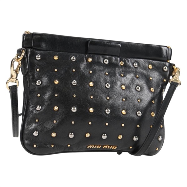 【原宿店限定】ミュウ ミュウ Miu Miu ショルダーバッグ レザー ブラック ゴールド レディース sw1084V