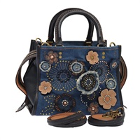 【原宿店限定】コーチ Coach ローグ25 ハンドバッグ ティーローズ デニム 2way ブルー ゴールド レディース am6757
