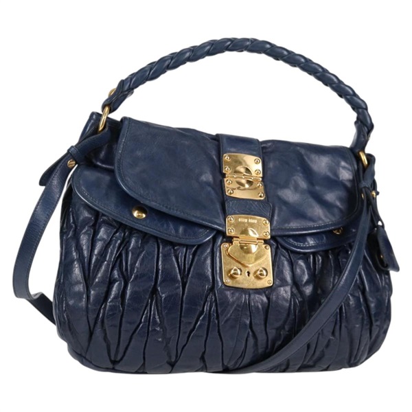 【原宿店限定】ミュウ ミュウ Miu Miu ハンドバッグ マテラッセ レザー 2way ブルー ゴールド レディース 130113V