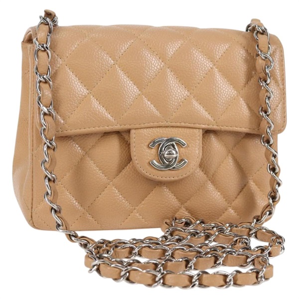 【原宿店限定】シャネル CHANEL ショルダーバッグ ミニマトラッセ17 チェーン キャビアスキン ベージュ シルバー レディース 138560V