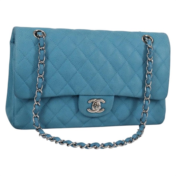 【原宿店限定】シャネル CHANEL ショルダーバッグ マトラッセ25　ダブルフラップ　チェーン キャビアスキン ブルー シルバー レディース 136821M