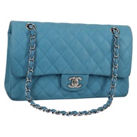 【原宿店限定】シャネル CHANEL ショルダーバッグ マトラッセ25　ダブルフラップ　チェーン キャビアスキン ブルー シルバー レディース 136821M