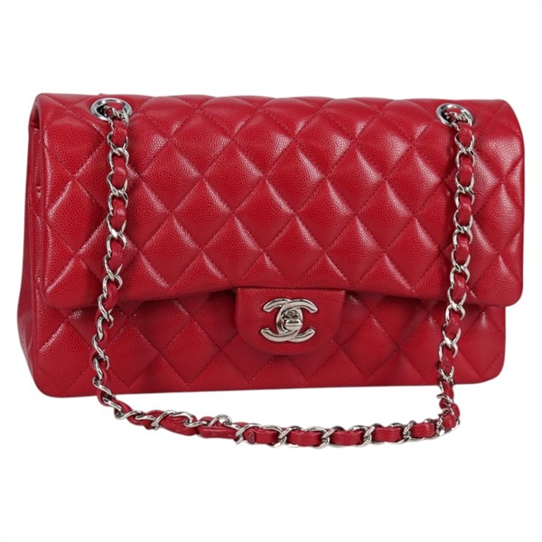 【原宿店限定】シャネル CHANEL ショルダーバッグ マトラッセ チェーン キャビアスキン レッド シルバー レディース 138977M