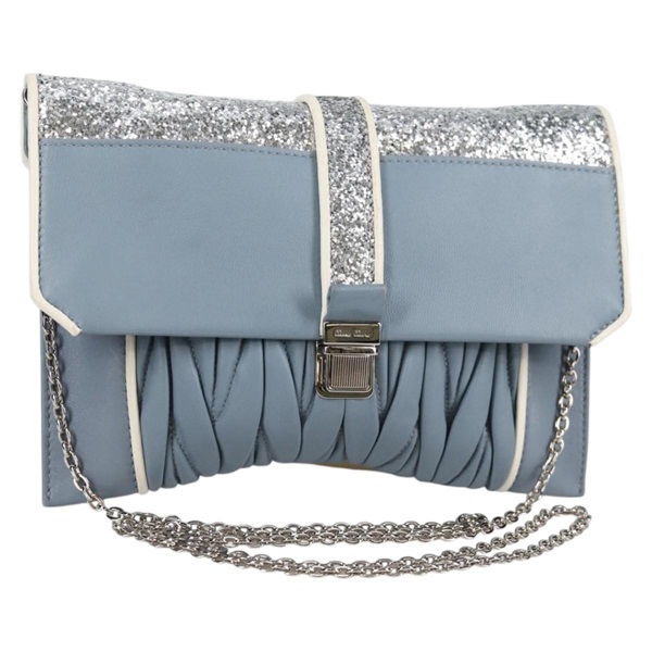 【原宿店限定】ミュウ ミュウ Miu Miu ショルダーバッグ マテラッセ チェーン レザー ライトブルー シルバー レディース BA5161V