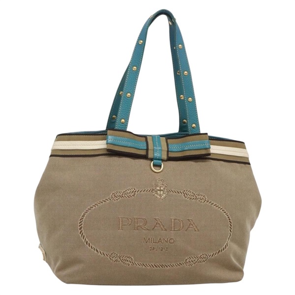 【原宿店限定】プラダ PRADA トートバッグ スタッズ キャンバス レザー ベージュ ゴールド レディース 141984V
