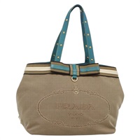 【原宿店限定】プラダ PRADA トートバッグ スタッズ キャンバス レザー ベージュ ゴールド レディース 141984V