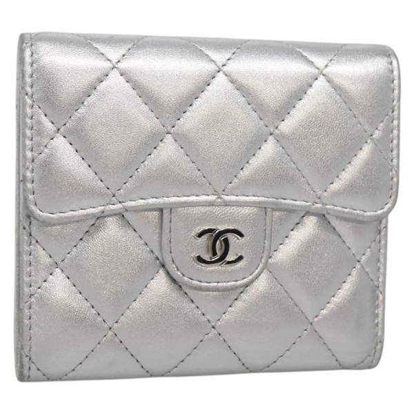 【原宿店限定】シャネル CHANEL 財布 マトラッセ コンパクトウォレット ラムスキン シルバー レディース 142378M