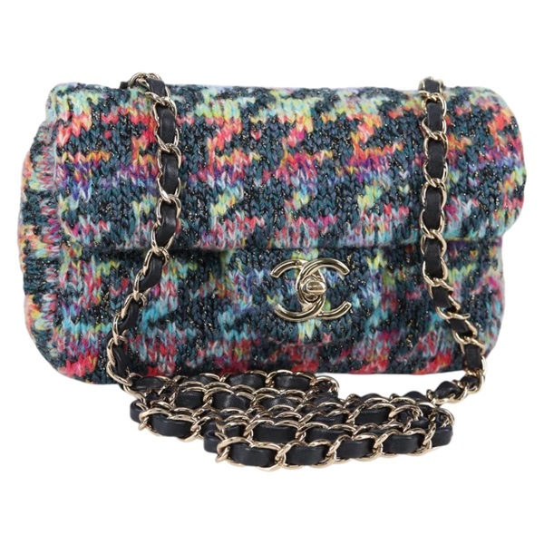 【原宿店限定】シャネル CHANEL ショルダーバッグ チェーン ツイード ブルー ゴールド レディース 134856M