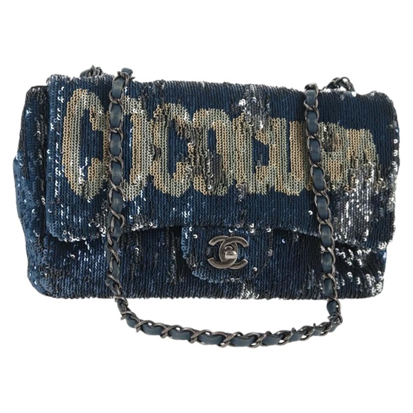 【原宿店限定】シャネル CHANEL ショルダーバッグ スパンコール ブルー シルバー レディース 138088M