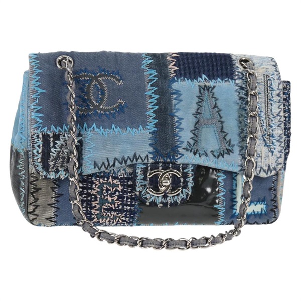 【原宿店限定】シャネル CHANEL ショルダーバッグ パッチワーク チェーン キャンバス ブルー シルバー レディース 128192SM