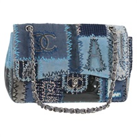 【原宿店限定】シャネル CHANEL ショルダーバッグ パッチワーク チェーン キャンバス ブルー シルバー レディース 128192SM