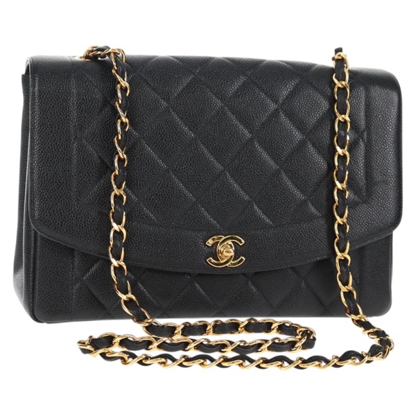 【原宿店限定】シャネル CHANEL ショルダーバッグ マトラッセ ダイアナ チェーン キャビアスキン ブラック ゴールド レディース 140126SM