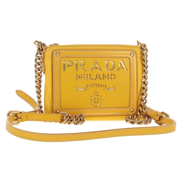 【原宿店限定】プラダ PRADA ショルダーバッグ チェーン ナイロン レザー イエロー ゴールド レディース 143507V