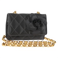 【原宿店限定】シャネル CHANEL ショルダーバッグ マトラッセ カメリア チェーン サテン グレー ゴールド レディース 143981V