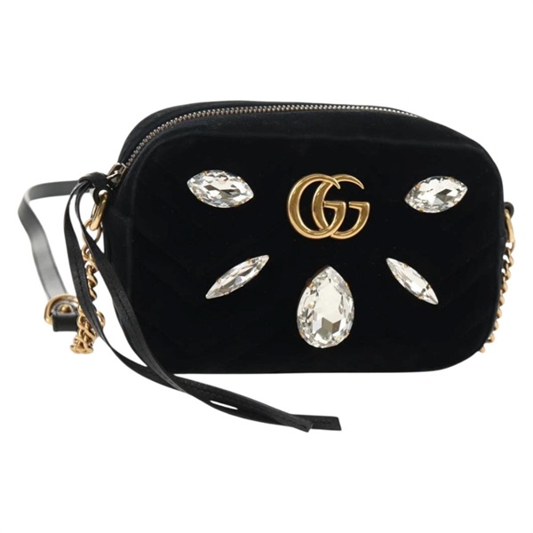 【原宿店限定】グッチ GUCCI ショルダーバッグ GGマーモント チェーン ベロア ブラック ゴールド 448065 レディース 145252M