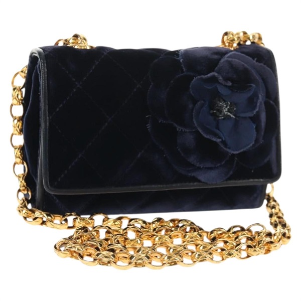 【原宿店限定】シャネル CHANEL ショルダーバッグ カメリア マトラッセ フラップ チェーン ベロア ネイビー ゴールド レディース bs29963V