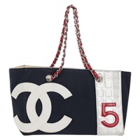 【原宿店限定】シャネル CHANEL トートバッグ チェーン No5 キャンバス ネイビー シルバー レディース 134860V
